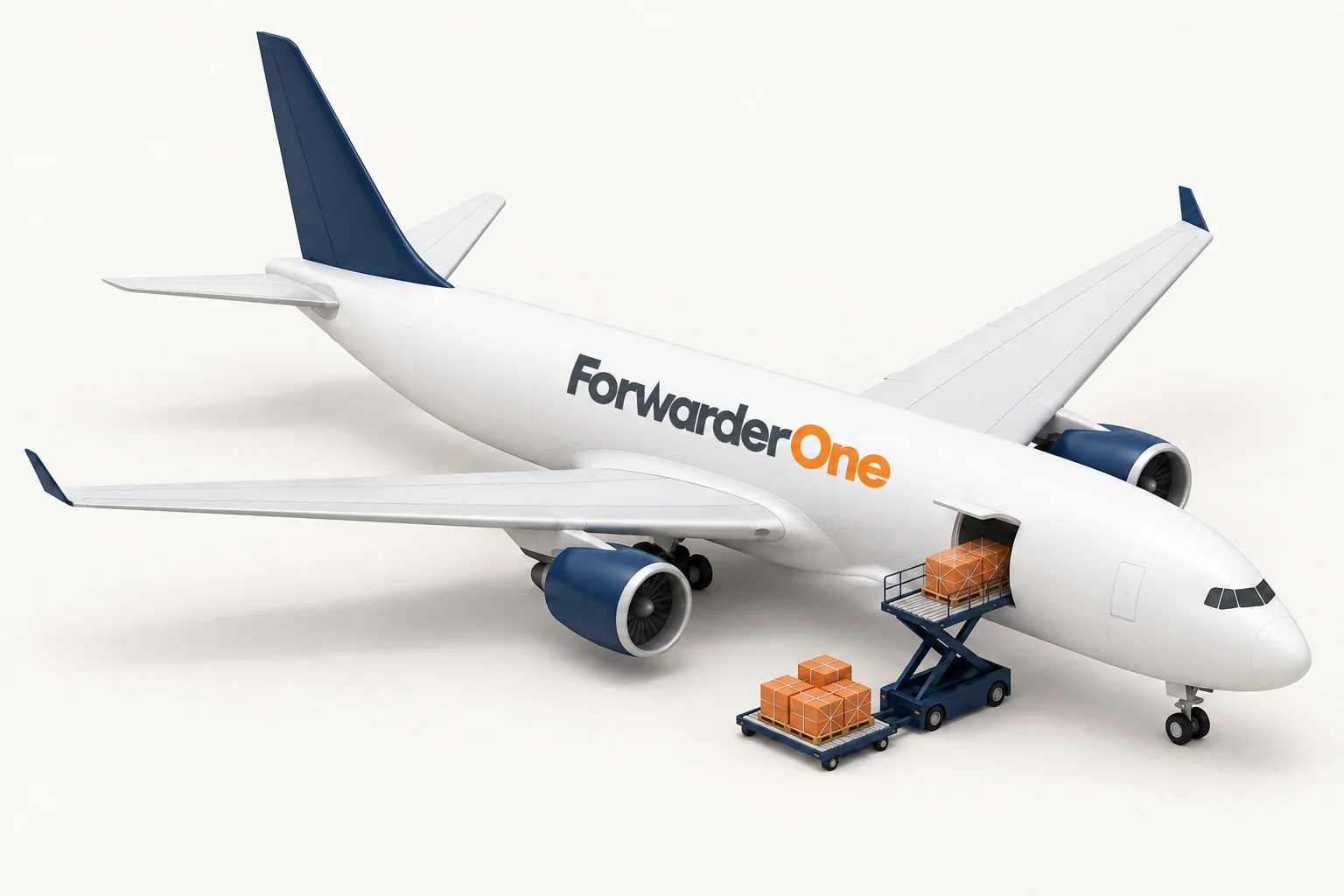 Cargo aircraft and orange cartons ready for air freight at an airport terminal.