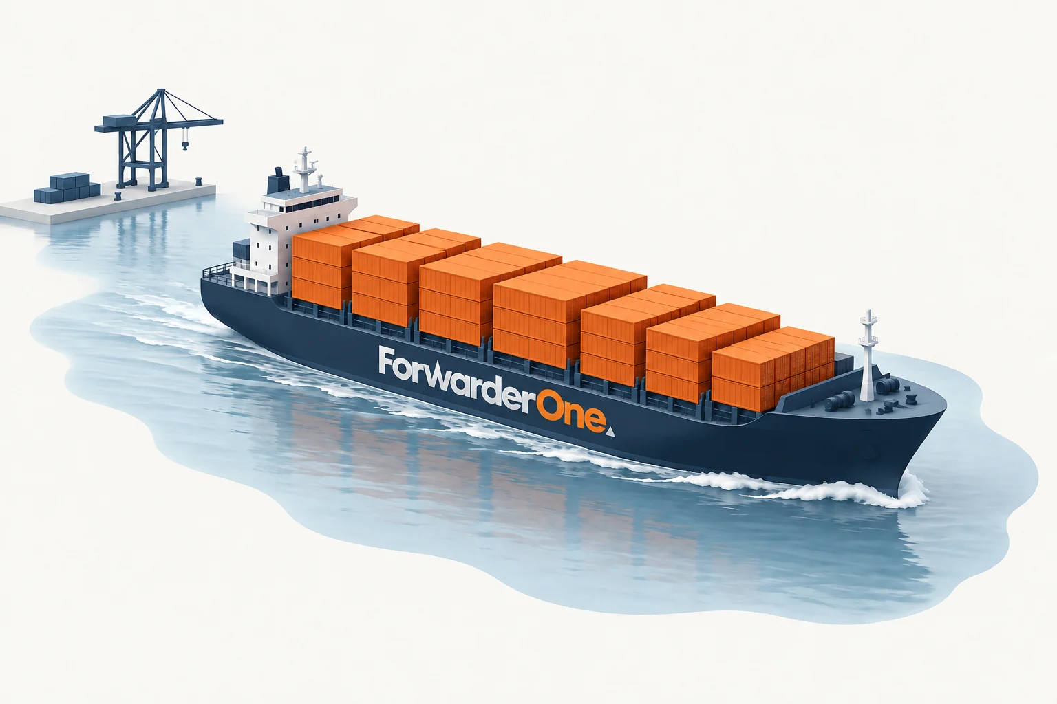 Navy container ship carrying orange cargo across calm Pacific water.