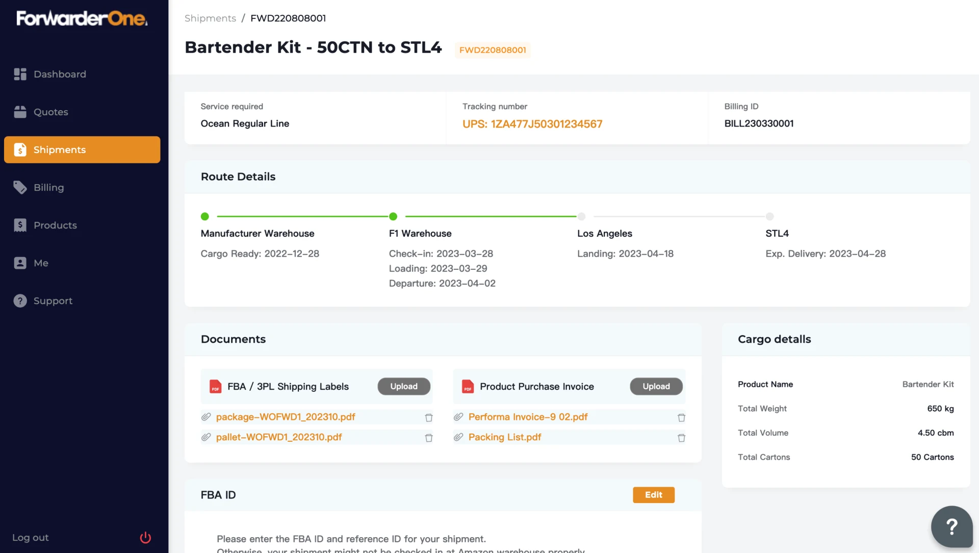Public ForwarderOne shipment page with route milestones, shipment documents, cargo details and Quotes, Shipments and Billing navigation.