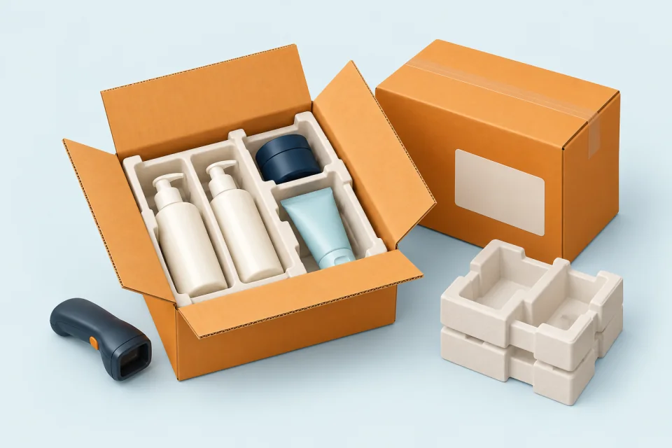 Cosmetics bottles, a jar and a tube protected inside a divided shipping carton beside a scanner and packing inserts.