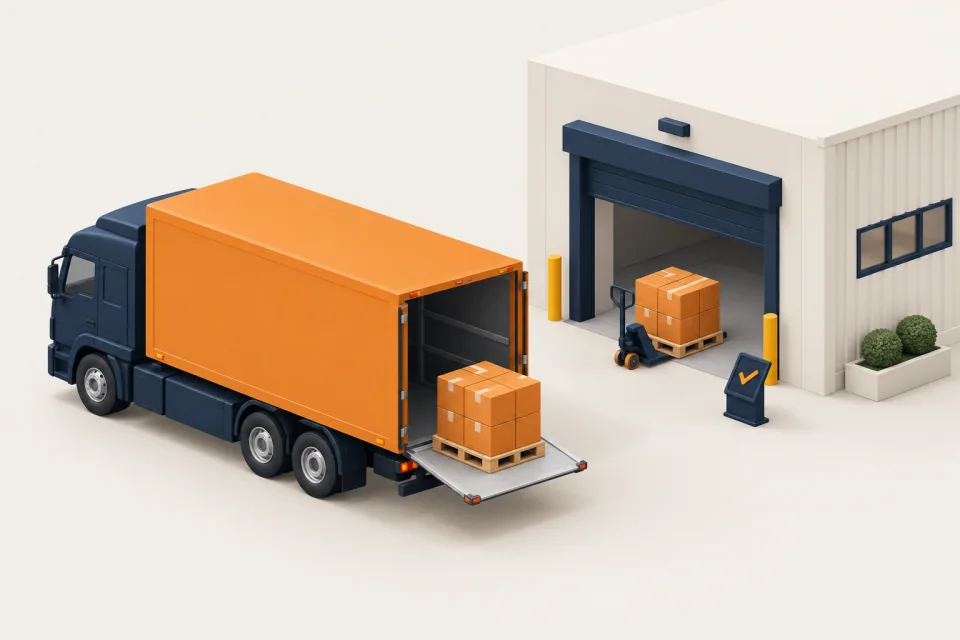 A navy and orange delivery truck unloads sealed cartons on its tail lift beside a warehouse receiving bay and pallet jack.