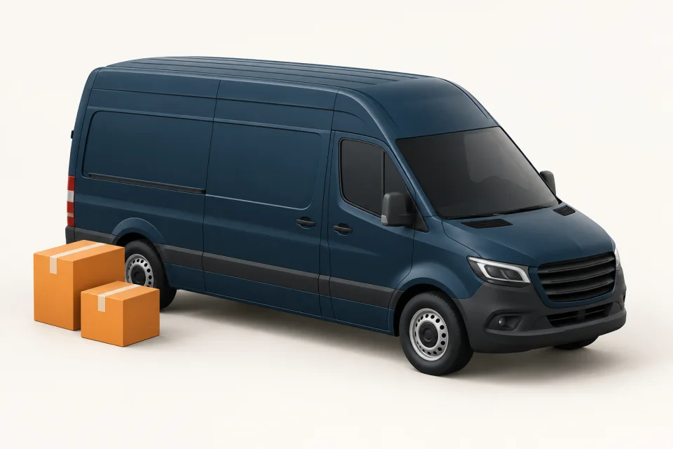 Navy delivery van and orange parcels prepared for express courier delivery.
