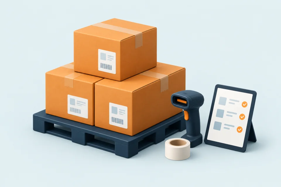 Labeled orange cartons on a navy pallet beside a barcode scanner, packing tape and a preparation checklist tablet.