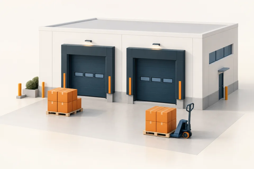 Orange inventory cartons at a modern warehouse receiving bay with a navy pallet truck.