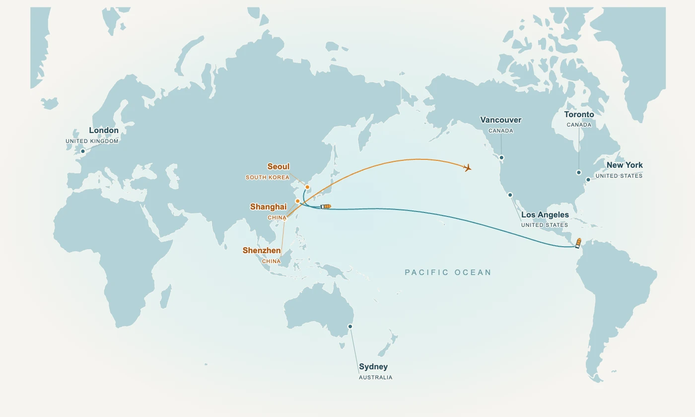 Pacific-centered freight map connecting Shenzhen, Shanghai and Seoul with Los Angeles, New York, London, Vancouver, Toronto and Sydney.