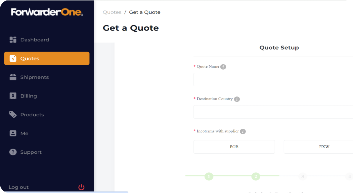 ForwarderOne quote setup dashboard with destination and Incoterms fields